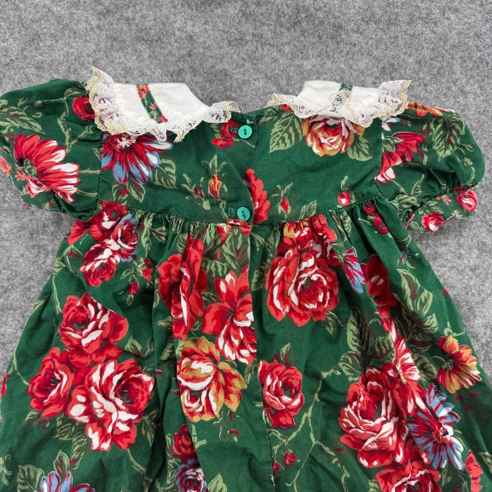 Jo Lene Floral Rose Dress Kids Size 2T Green Red Lace Trim Vintage Style USA